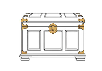 Line art drawing of a white wooden trunk with brass hardware