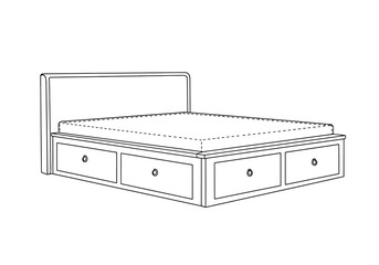 Line drawing of a bed frame with storage drawers and a headboard