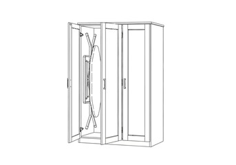 Line drawing of a storage cabinet with a folded ironing board inside