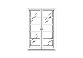 Line drawing of a tall twodoor glass display cabinet with three internal shelves