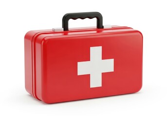 Obraz premium Bright red medical container featuring a prominent white cross symbol rests against a pure white background