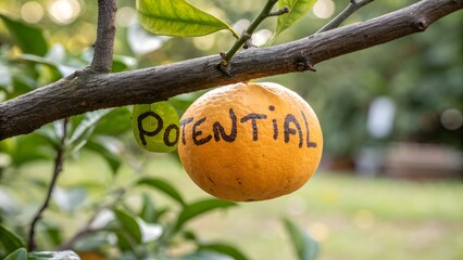 Orange fruit with the word potential written on it hanging from a branch