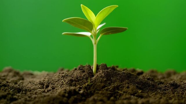 Young plant growing in soil against a vibrant green background, symbolizing growth and renewal