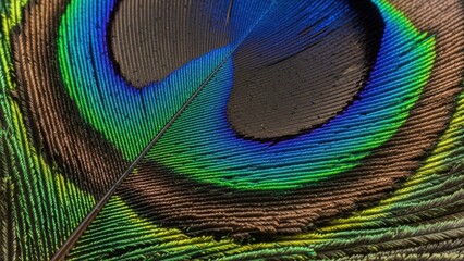 Obraz premium A close-up macro photograph of the vibrant, iridescent colors of a peacock feather.