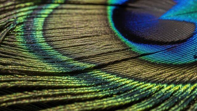 An angled macro shot showcasing the detailed texture and iridescent colors of a peacock feather.