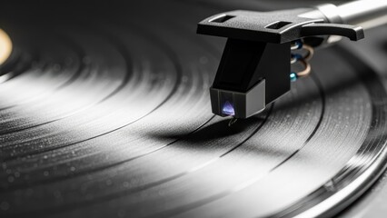 A macro shot of a turntable needle on a spinning vinyl record.
