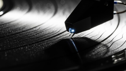 A dramatic close-up of a glowing turntable stylus on a vinyl record.