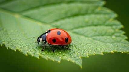 Fototapeta premium A macro shot of a ladybug on a dewy green leaf.
