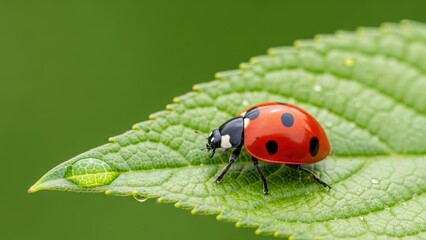 Fototapeta premium A ladybug on a green leaf with a perfect drop of water.