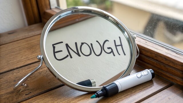 Round mirror reflecting the word enough written on paper