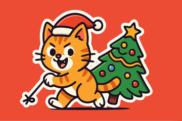 Cute orange cat sticker dragging a Christmas tree, Vector Illustration.