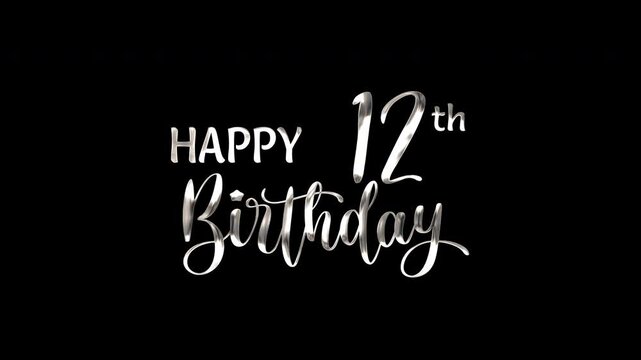 12th happy birthday text animation in silver metallic effect. suitable for birthday celebrations, social media posts, and greeting cards. Includes alpha channel for any background.