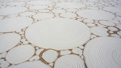High aerial view of circular and tessellated patterns on a salt plain.