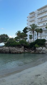 Cala Ferrera beach without people in the evening. Cala D'or village on Mallorca in Spain.
