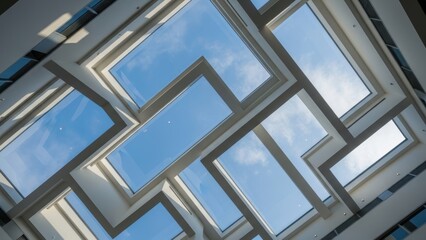 Abstract view looking up through rectangular skylights at a blue sky.