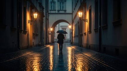 A figure with an umbrella walks down a wet alley toward an archway.