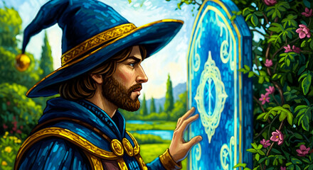Obraz premium Mystical Wizard Contemplates a Magic Portal, Surrounded by Nature's Serenity