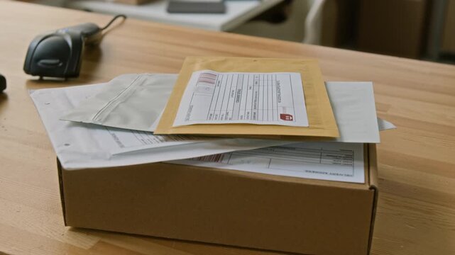 No people close-up of brown cardboard parcel with shipping address invoice, several flat envelopes, barcode scanner, lying on wooden counter at courier delivery office, ready for shipping