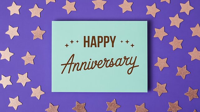 A happy anniversary card with golden stars on a purple background, perfect for celebrating a special milestone with loved ones and creating lasting memories