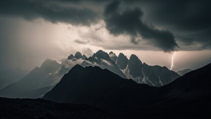 Dramatic mountain range under a stormy sky with a bolt of lightning.