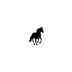 A silhouette of a horse running with its mane flowing in the wind against a white background image view