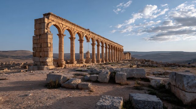 Discover the captivating ancient Roman ruins of Apamea in Syria under a clear blue sky, perfect for historical documentaries, travel blogs, and educational materials