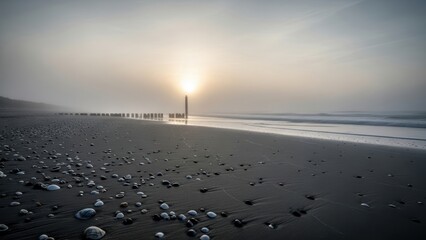 Foggy beach at sunrise with shells scattered on the dark sand.