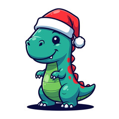 Obraz premium Cute cartoon dinosaur wearing a Santa hat, perfect for Christmas designs, kids illustrations, holiday decorations, and festive merchandise.