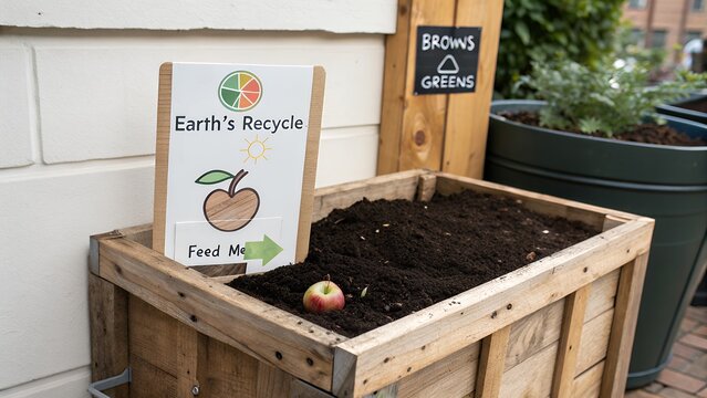 An apple placed in a wooden compost bin with a earth's recycle sign