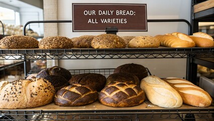 Assortment of freshly baked artisan bread on a bakery display with our daily bread text