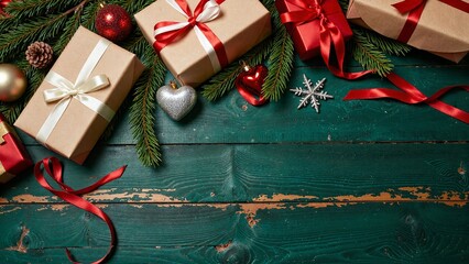 Christmas Gift Boxes On Green Wooden Background
