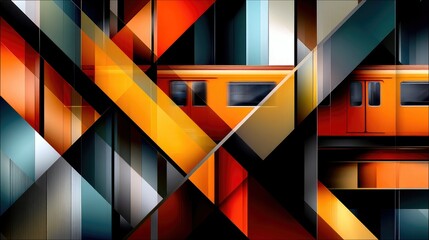 An abstract composition features sharp geometric shapes and lines in various colors, overlaid with a blurred orange train.