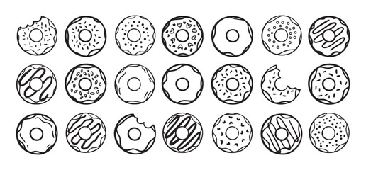 Doodle donuts set. hand drawn outline donut icons. Collection of cute doughnuts. Donut Doodles Sketch of cute donuts.