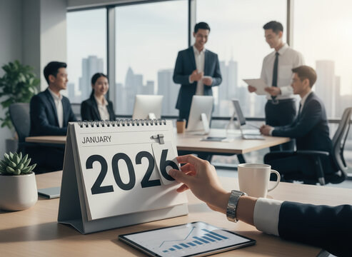 2026 2025 new year calendar end goal year business planning and teamwork in modern office setting with colleagues discussing targets and smiling