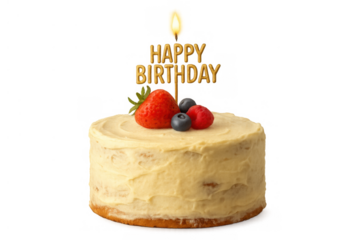 Birthday cake with fruit topping and happy birthday golden candle on transparent background