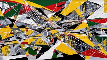 A chaotic and dynamic abstract composition featuring sharp geometric shapes and thin white lines intersecting across a vibrant color palette.