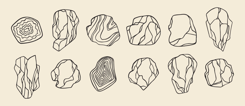 outline stones thin line art style. Black and white grunge crack, curls, waves. Abstract natural boho design.