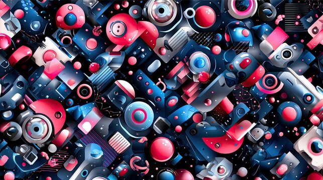 A chaotic arrangement of geometric shapes in pink, blue, and gray, with small white dots scattered throughout the composition.