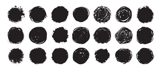 Round grunge scratch and textured ink brush strokes set. isolated vector black Collection. Dirty expressive hand drawn inky stains and blobs