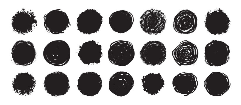 Round grunge scratch and textured ink brush strokes set. isolated vector black Collection. Dirty expressive hand drawn inky stains and blobs