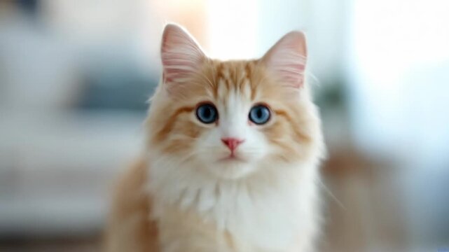 Fluffy orange and white cat with blue eyes standing indoors looking at camera