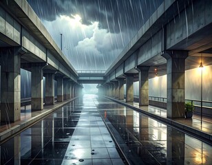 Obraz premium Urban Rainy Day: Capturing the atmospheric Reflections in a Concrete Landscape