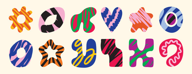 Set of round Abstract colorful Backgrounds or Patterns. Hand drawn doodle shapes. Spots, drops, curves, Lines. Contemporary modern trendy Vector illustration. Posters, Social.