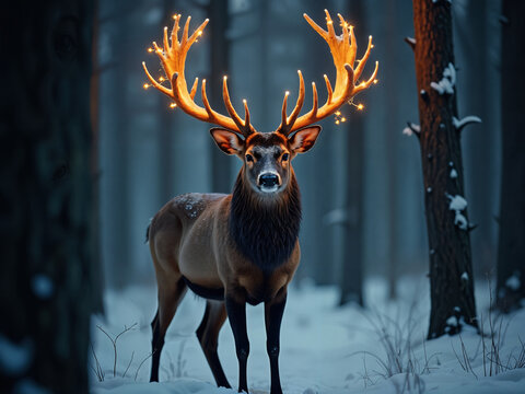 Majestic stag with glowing golden lights on its antlers standing in a snowy winter forest at night, magical Christmas fantasy scene.