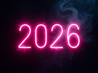 Pink Neon Sign 2026 on Dark Background with Smoke, Bright illustration for New Year's Eve or future announcement design