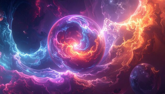 Cosmic sphere with ethereal clouds of orange, blue, and purple hues