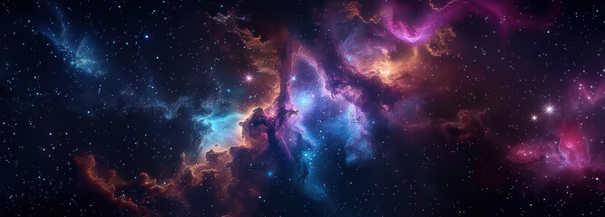 Fototapeta premium Celestial Symphony: A vibrant canvas of celestial wonders unfurls, showcasing a nebula shimmering with a spectrum of cosmic hues. Explore the universe