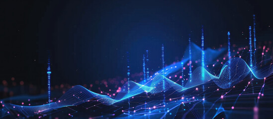 Abstract Digital Wave: A mesmerizing display of flowing digital waves, illuminated with vibrant blue and pink hues, suggesting the dynamic world of data, networks, and advanced technology.