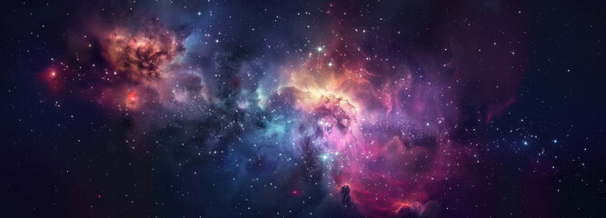 Naklejka premium Galactic Canvas: An artistic rendition unveils the breathtaking beauty of a nebula, showcasing cosmic dust and gas illuminated by the radiant light of distant stars.