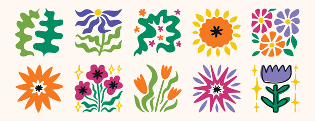Creative flower poster style collection, bold colorful floral illustrations in square layout